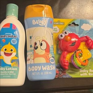 3piece Kids Valentines Bundle• Bluey Body Wash, Baby Shark Lotion & Elmo Rattler